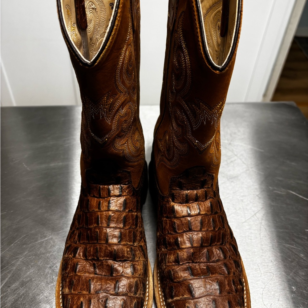 Old West Brown Croc-Textured Kids Western Boots size 5 D